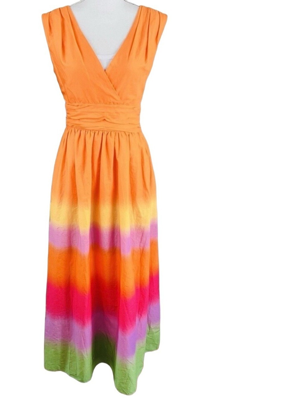 Taylor Ombre Orange Rainbow Women's FullyLined Deep V-Neck Pockets Maxi Dress MD